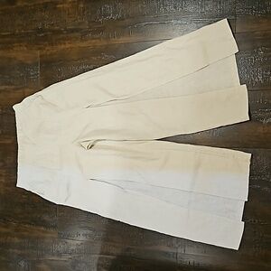 HG Linen Blend Pants Front Leg Slits Wide Leg Front Pockets Neutral Cream Sz M